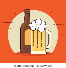 beers in bottle and mug glass on red background vector illustration design