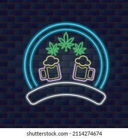 Beers and Cannabis Logo With Neon Style. Vector and Illustration
