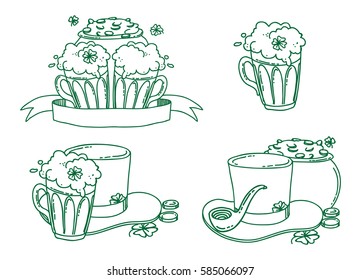 Beers with clovers, hat , pot of gold and Smoking pipe for St Patrick's day. Saint Patricks Day Isolated Icon Set, hand drawn contour