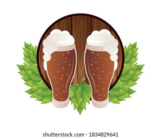 beers glasses drinks with leafs frame vector illustration design