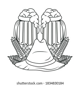 beers jars drinks and tyrolean hat vector illustration design