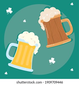 jarras de cerveza bebidas iconos de madera y vidrio ilustración vectorial diseño