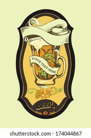 Beer's label with mug and hop.