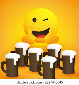Beers - Smiling and Winking Emoticon Showing Thumbs Up - Simple Shiny Happy Emoticon with Lots of Beer Mugs on Yellow Background - Vector Design