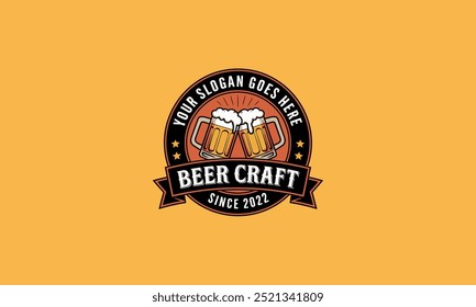 Um logotipo com tema de cerveja com duas canecas de cerveja e texto personalizável.