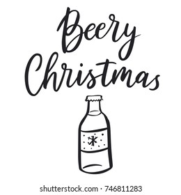 Beery Christmas. Vector hand written brush pen calligraphy phrase. Beer alcohol quote. Cute isolated letters on an white background for Christmas. New year brew phrase.