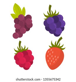 Beery set. Collection of juicy sweet food. Strawberry, raspberry, grape and blackberry. Isolated vector illustration in cartoon style