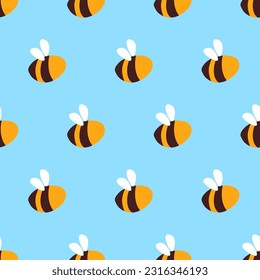 Bees abstract doodle seamless pattern. Simple hand drawn bumblebees, funny childish print. Vector illustration isolated on blue background