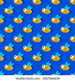 Bees abstract on blue background with shadow. Seamless pattern for textile, fabric, background. Children's style. Vector stock.
