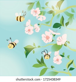 bees admire cherry tree blossoming on a warm sunny day. sweet flower scent and sun bring out all kinds of emotions from bees from amazement to delight.