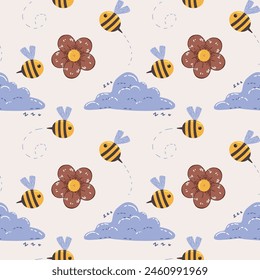 bees among clouds and flowers. vector endless pattern. summer mood, textiles, print