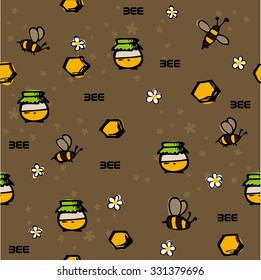 Bees Apiary and honey pattern on brown background