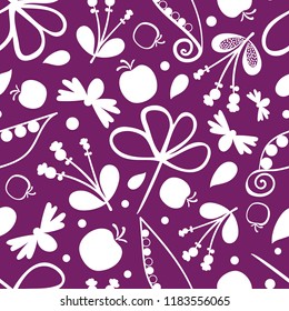 Bees, apple, butterfly, flower seamless vector pattern background. Purple and white backdrop with garden florals and fruit,flying insects. Simple childlike naive style all over print  nature concept.