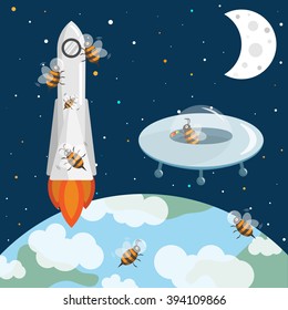 Bees astronauts in the space. UFO and rocket