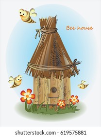 Bees, beehive and flowers. Vector image. Design for children's books, textiles, poster