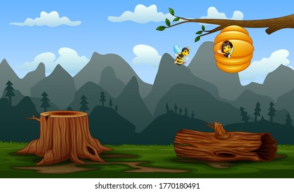 Bees and beehive on the branch at nature