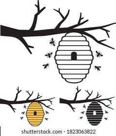 Bees and beehive on tree branch. Honey design. 