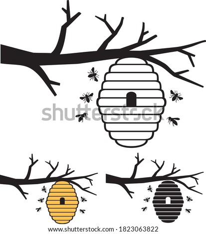 Bees and beehive on tree branch. Honey design. 