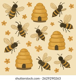 Bees, beehives, and flowers pattern on a yellow background