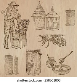 BEES, BEEKEEPING and HONEY. Collection of an hand drawn vector illustrations (pack no.9). Each drawing comprises of three or four layers of lines, the colored background is isolated.