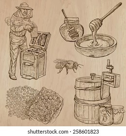 BEES, BEEKEEPING and HONEY. Collection of an hand drawn vector illustrations (pack no.11). Each drawing comprises of three or four layers of lines, the colored background is isolated.