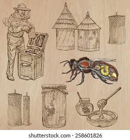 BEES, BEEKEEPING and HONEY. Collection of an hand drawn vector illustrations (pack no.8). Each drawing comprises of three or four layers of lines, the colored background is isolated.