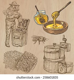 BEES, BEEKEEPING and HONEY. Collection of an hand drawn vector illustrations (pack no.5). Each drawing comprises of three or four layers of lines, the colored background is isolated.