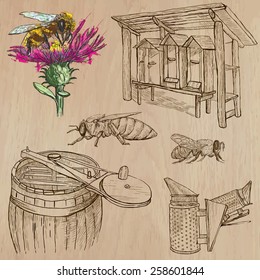 BEES, BEEKEEPING and HONEY. Collection of an hand drawn vector illustrations (pack no.6). Each drawing comprises of three or four layers of lines, the colored background is isolated.