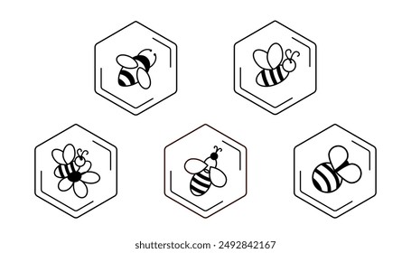 Bienen schwarze Symbole. Bienenset für die Honigproduktion. Insekten-Vektorillustration. Fliegende Biene. Piktogramme zum Thema Imkerei, Kosmetik, Naturprodukte, Süßigkeiten.