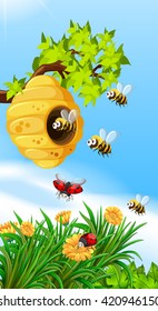 Bees and bugs flying around beehive illustration