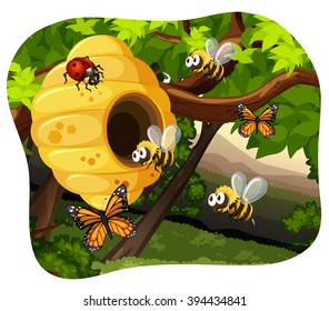 Bees and bugs in the tree illustration