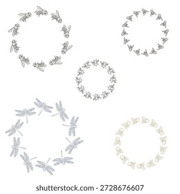 Bienen und Hummeln, Fliegen und Libellen in einem runden Rahmen, Satz von Silhouetten. Vektorgrafik. Kränze von fliegenden Insekten einzeln auf schwarzem Hintergrund.