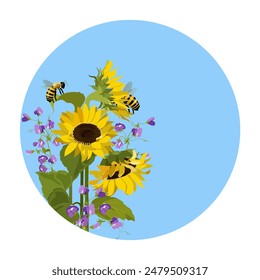 Bees or bumblebees collect pollen on a sunflower. Spring, summer, nature concept. Modern isolated Vector illustration. Logo, print, design template