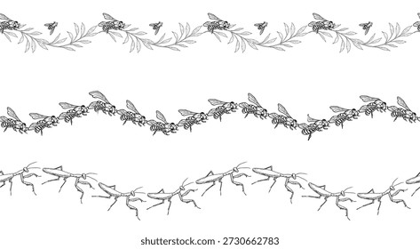 Bees, bumblebees, and a praying mantis on a seamless border. Vector illustration. Flying insects, isolated on a white background. Suitable for postcards, invitations, and textile printing.