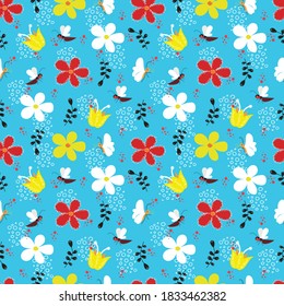 Bees, Butterflies and flowers seamless pattern