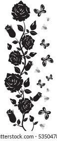 The bees and butterflies flying around roses. Vector illustration