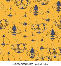 Bees and butterflies. Seamless vector pattern.