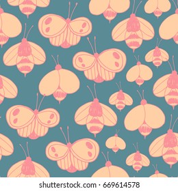 Bees and butterflies. Seamless vector pattern.