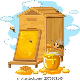 Bees buzzing around a hive with honey jars