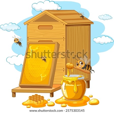Bees buzzing around a hive with honey jars