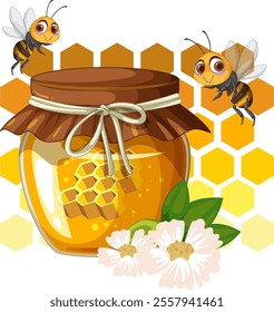 Bees buzzing around a honey jar and flowers