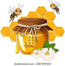 Bees buzzing around a honey jar and flowers