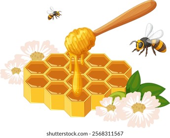 Bees buzzing around honeycomb and blooming flowers