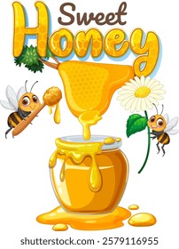 Bees buzzing around honeycomb and honey jar
