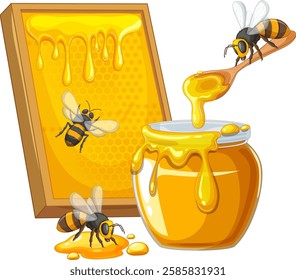 Bees buzzing around honeycomb and a honey jar