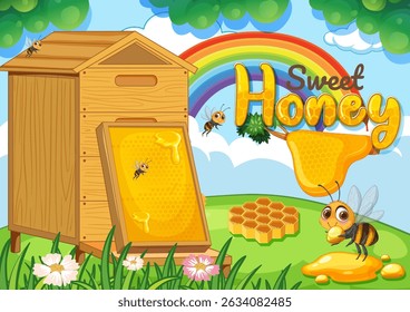 Bees buzzing around honeycomb and wooden hive