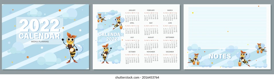 Bees calendar 2022. Set of pages for calendar, childrens notebook, organizer with cute bees.