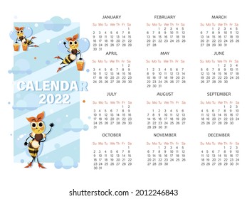 Bees calendar 2022. Calendar template for  childrens notebook, organizer with cute bees collecting honey. Week starts on Sunday. Vector cartoon character for kids planning. 