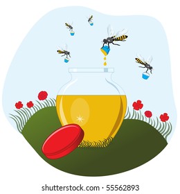 Bees carrying honey to the pot vector illustration.