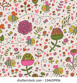 Abejas con flores de dibujos animados. Se puede usar un patrón sin inconvenientes para papel de pared, rellenos de patrones, fondos de páginas web, texturas superficiales. Maravilloso fondo floral sin fisuras